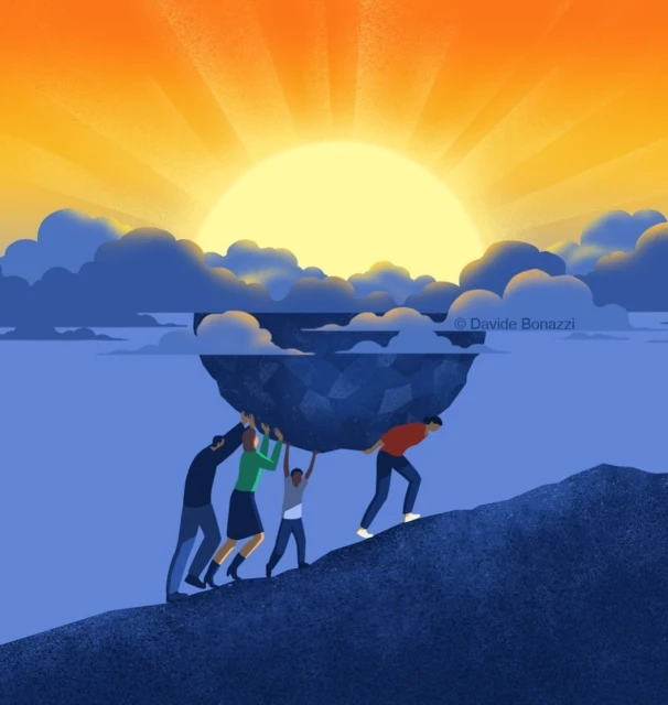 Illustration of five people carrying a land mass uphill, set against a backdrop of a bright sun, clouds, and a blue sky, symbolizing teamwork.