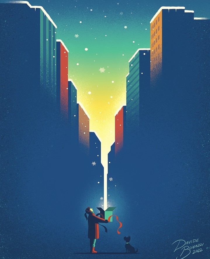 Illustration of a woman opening a Christmas gift box in a snowy urban setting with tall buildings and a small dog next to her.