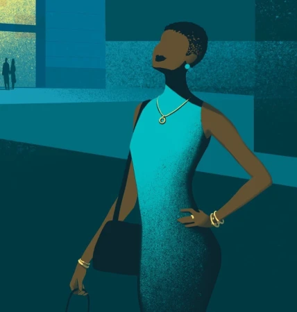 Digital illustration of a stylish Black woman in a turquoise dress holding a handbag against a blue graphic background by Davide Bonazzi