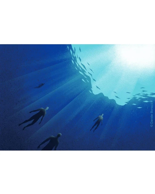 Underwater scene showing figures swimming beneath sunlit surface with schooling fish and light rays in a blue monochromatic palette.
