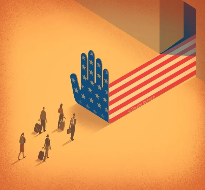 Illustration of stylized figures with luggage walking toward a hand blocking the exit with the American flag pattern on it.