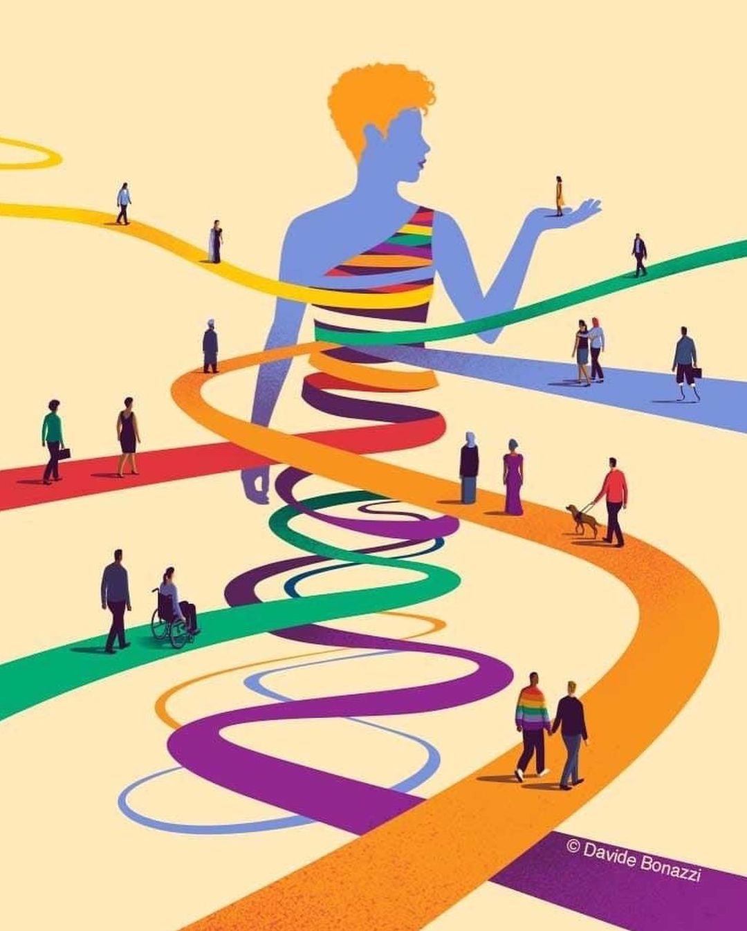 Illustration of a genderless figure on colorful paths with other people, expressing themes of diversity, equity, and inclusion.