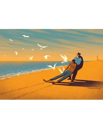 Illustrated scene of two people on a beach, one leaning against the other, with seagulls flying near the ocean and sandy shoreline.