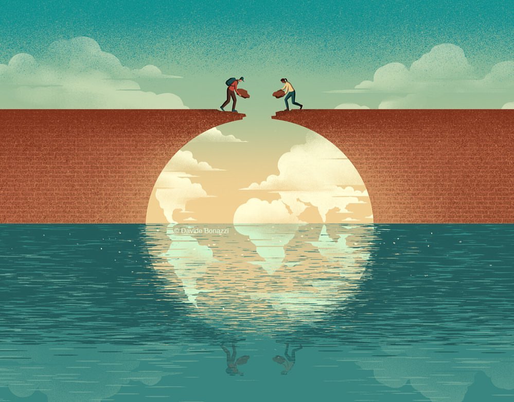 Illustration of two figures on a brick bridge that is incomplete, reaching to each other, above water that reflects the sky, art.