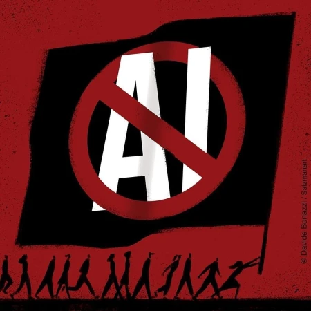 Illustration of a protest against artificial intelligence, featuring silhouetted figures marching behind a flag with a 'No AI' symbol.