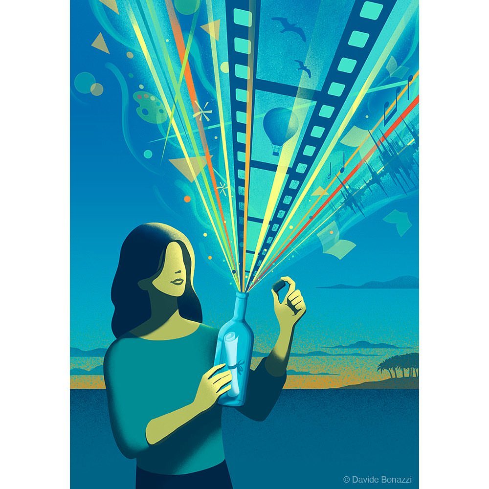 Illustration of a woman holding a bottle with art symbols emerging from it, set against a landscape backdrop with islands and sky.