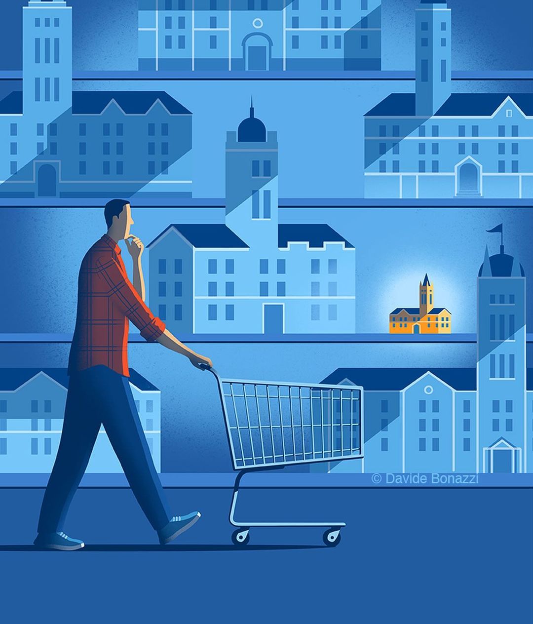 Illustration of a man pushing a shopping cart in front of shelves of buildings, rendered in shades of blue with one building highlighted in yellow.