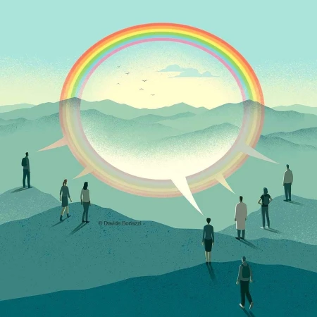 Illustration of people standing on hills under a rainbow and talk bubble. Concept art featuring nature, community, and communication.