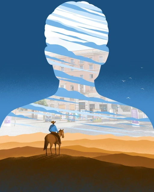 Illustration of a silhouetted head filled with a cityscape and clouds, with a cowboy on horseback in the foreground against a desert backdrop.