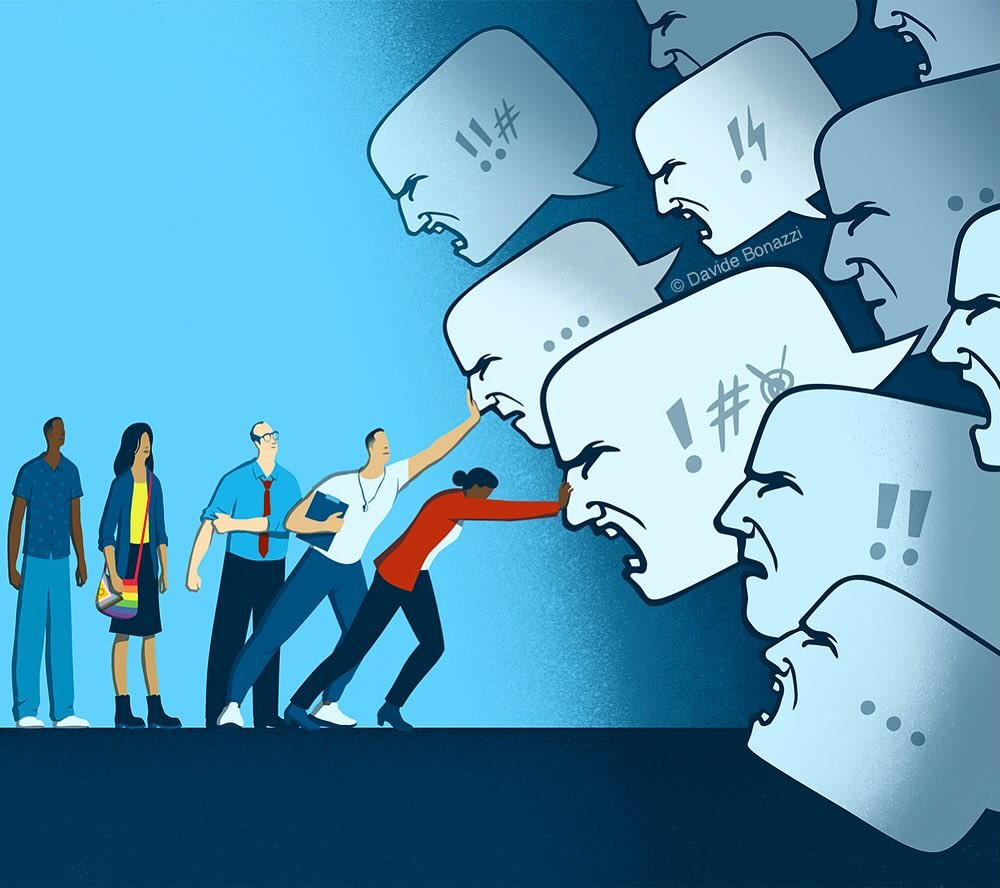 Illustration of people pushing back against angry speech bubbles representing cyberbullying, social pressure, and online negativity.