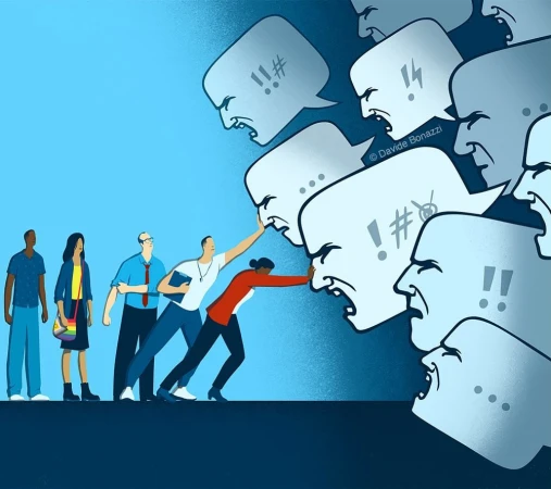 Illustration of people pushing back against angry speech bubbles representing cyberbullying, social pressure, and online negativity.