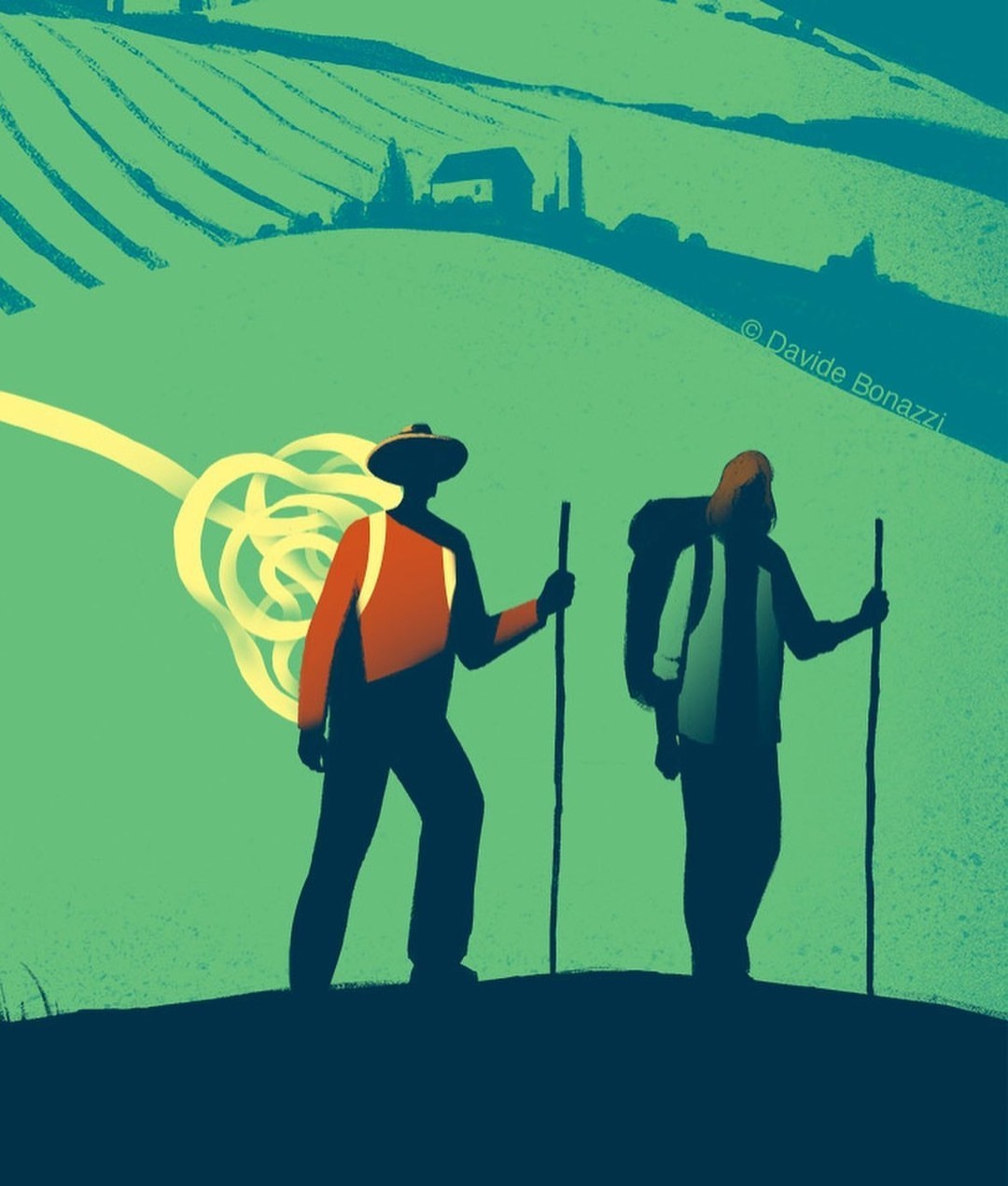 Illustration of two hikers with backpacks and walking sticks in a rural landscape with rolling hills and a distant farm.