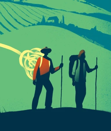 Illustration of two hikers with backpacks and walking sticks in a rural landscape with rolling hills and a distant farm.