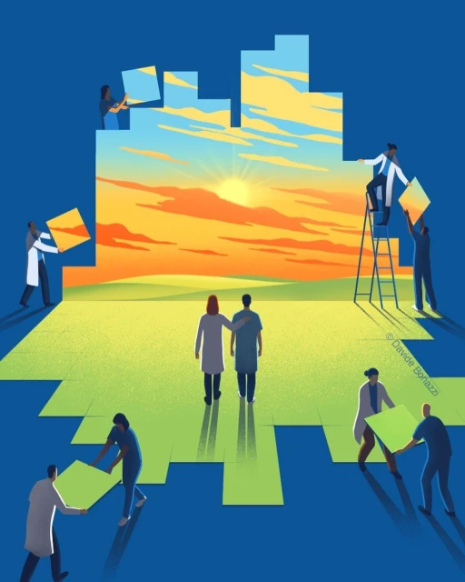 Illustration of healthcare workers building a city landscape with green field and sky. Two individuals stand together in support.