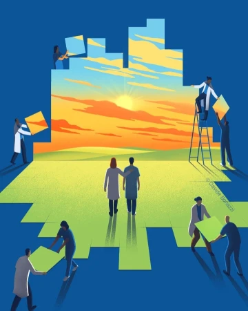 Illustration of healthcare workers building a city landscape with green field and sky. Two individuals stand together in support.