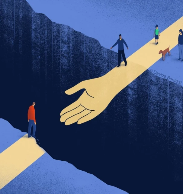 Illustration of a helping hand bridging a divide with people and a dog on a path toward a figure offering support across a chasm.