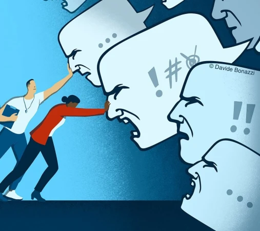 Illustration of two people pushing back against angry speech bubbles with aggressive symbols and expressions, digital art against a blue backdrop.