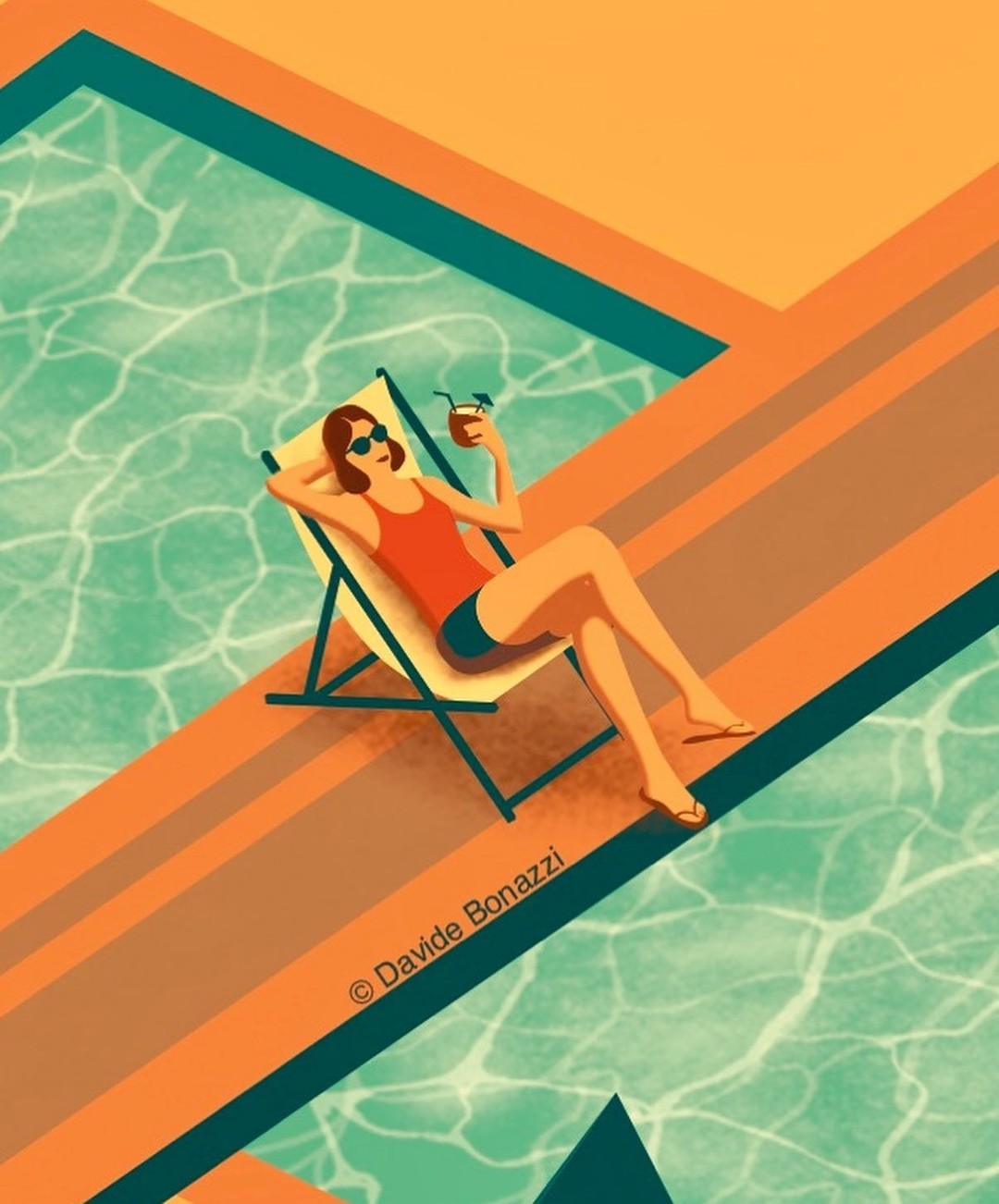 Illustration of a woman in sunglasses lounging on a deck chair by a pool, holding a cocktail in bright, summery colors.