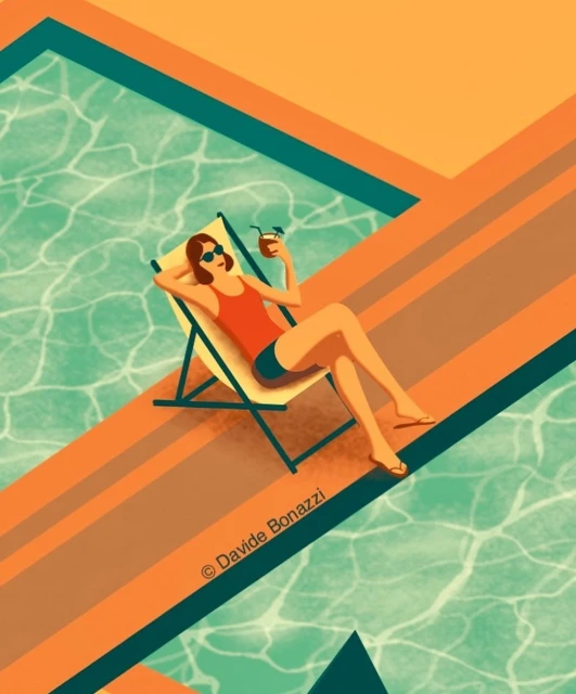 Illustration of a woman in sunglasses lounging on a deck chair by a pool, holding a cocktail in bright, summery colors.