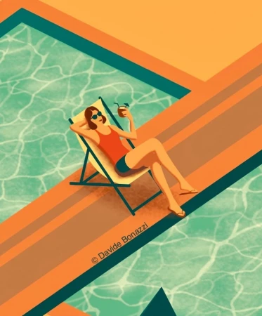 Illustration of a woman in sunglasses lounging on a deck chair by a pool, holding a cocktail in bright, summery colors.
