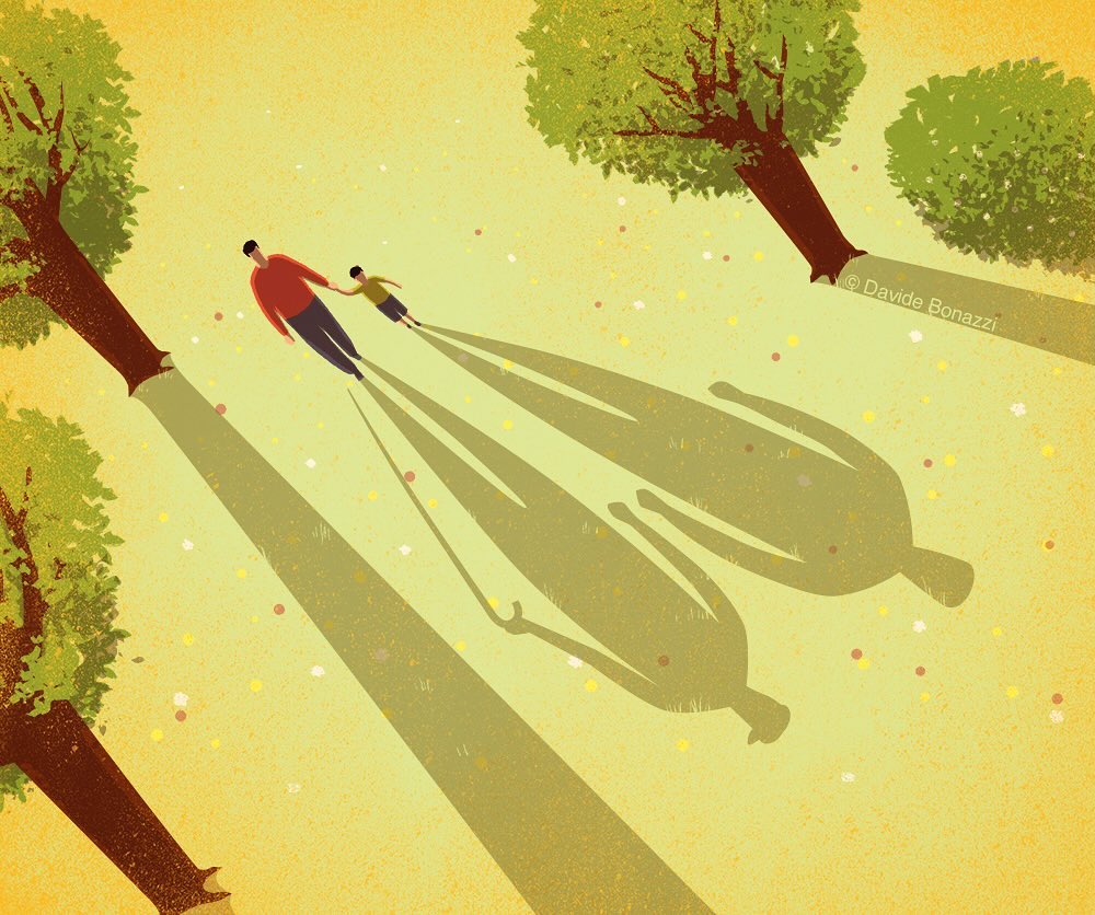 Illustration depicting a father and child walking hand-in-hand through a sunlit forest, casting long shadows on a textured ground.