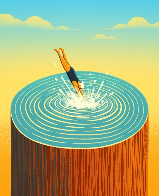 Illustration of a woman diving into a circular pool on top of a textured brown pillar against a blue and yellow sky backdrop.