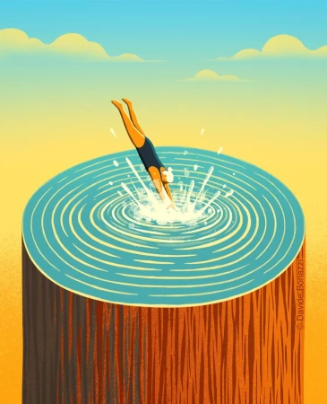 Illustration of a woman diving into a circular pool on top of a textured brown pillar against a blue and yellow sky backdrop.