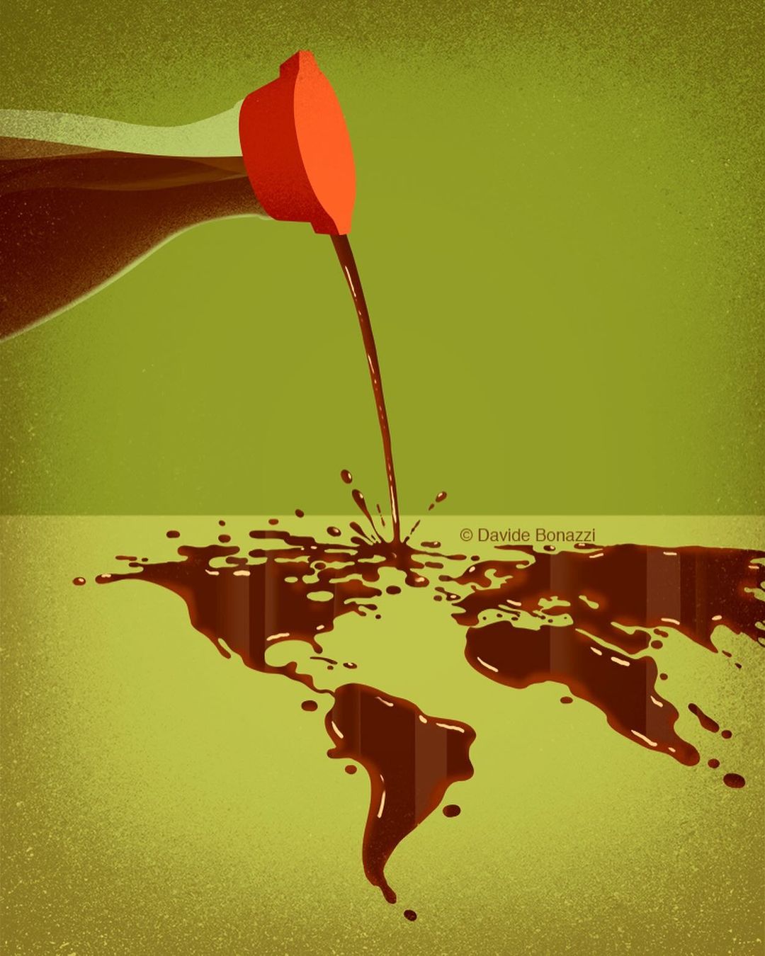 Illustration showing a bottle pouring a dark liquid forming a world map on a light green surface. Creative concept for food, travel or environment.