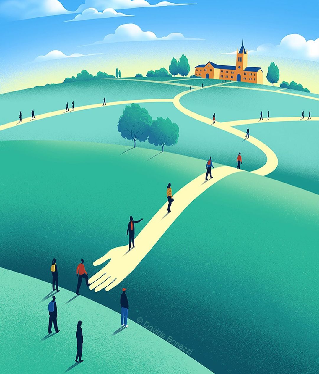 Illustration of group of people walking on a path shaped like a hand leading to a building on a hill against a blue sky.