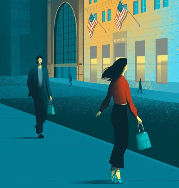 Illustration of two adults carrying shopping bags near a building with American flags, rendered in blue, red, and tan tones.