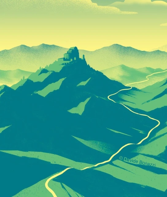 Illustration of a mountainous landscape with a winding road and a building perched on the highest peak under a muted yellow sky.