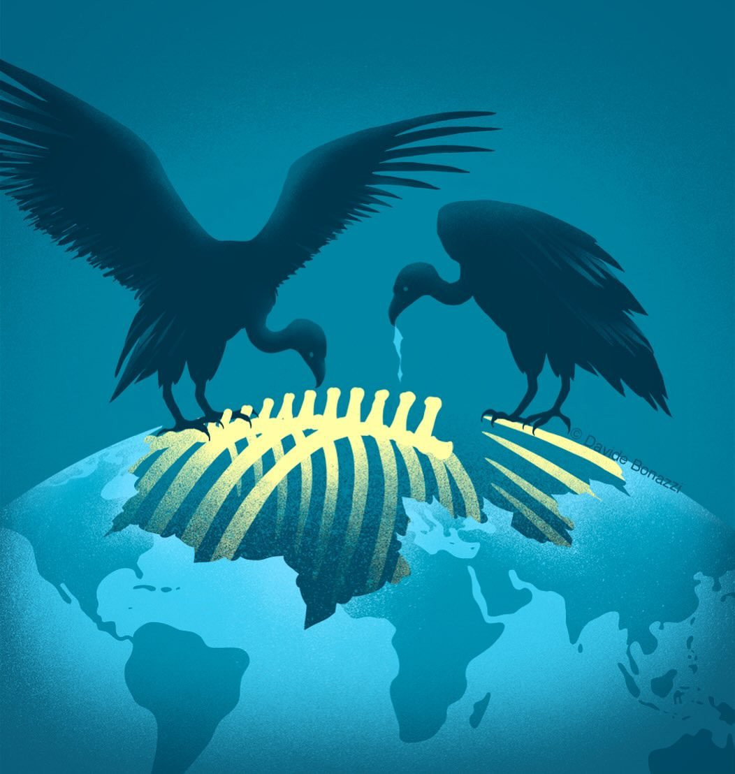 Conceptual illustration of two vultures standing on a world map with a rib cage over Africa, symbolizing environmental issues and exploitation.