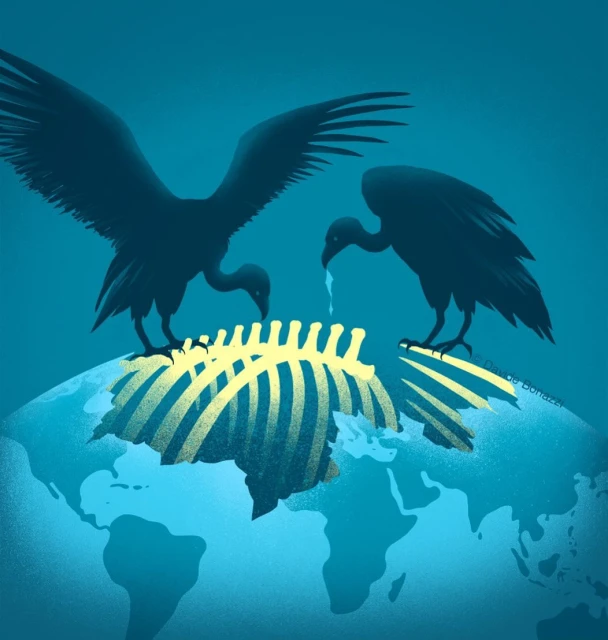 Conceptual illustration of two vultures standing on a world map with a rib cage over Africa, symbolizing environmental issues and exploitation.