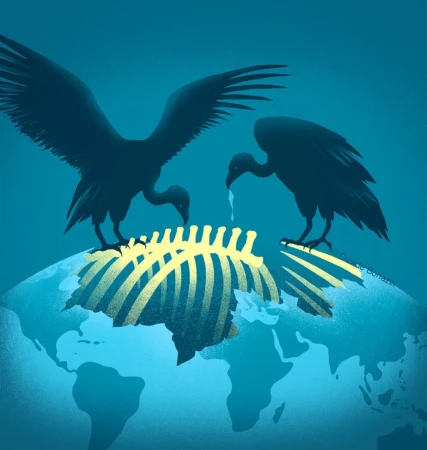Conceptual illustration of two vultures standing on a world map with a rib cage over Africa, symbolizing environmental issues and exploitation.