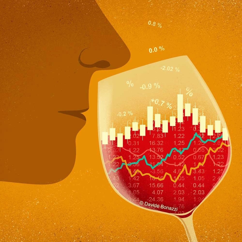Illustration of a wine glass filled with financial graph lines, next to a person's face, on a textured orange background.