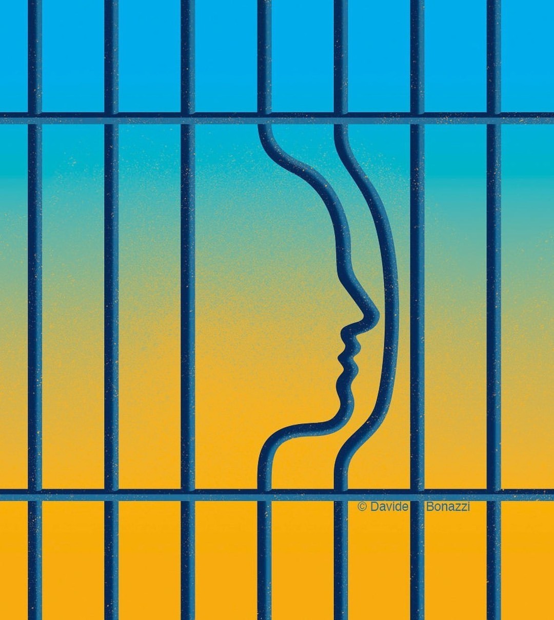 Abstract art of a blue metal barred window with a face profile, against a gradient yellow to blue background, evocative of imprisonment.