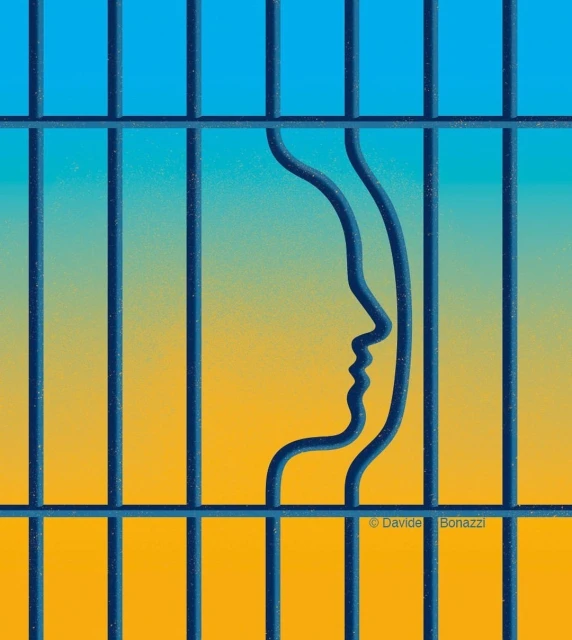 Abstract art of a blue metal barred window with a face profile, against a gradient yellow to blue background, evocative of imprisonment.