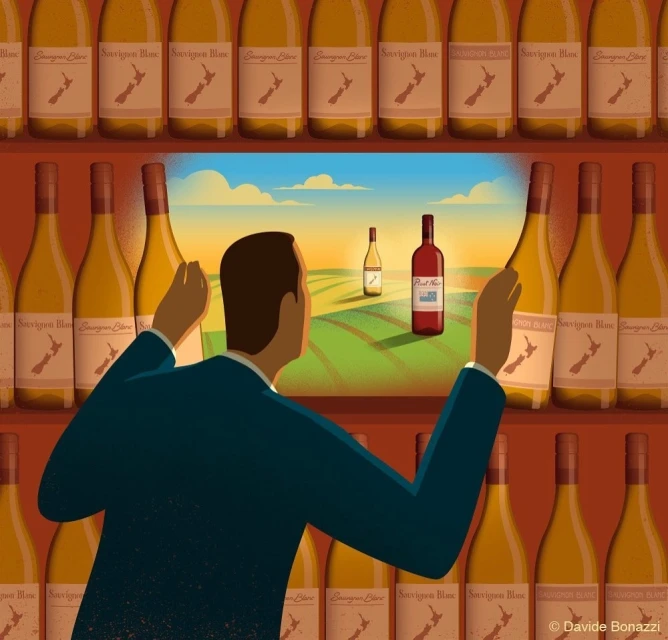Illustration of a man in a suit selecting wine from a shelf, with a landscape view between the wine bottles showing distant bottles.
