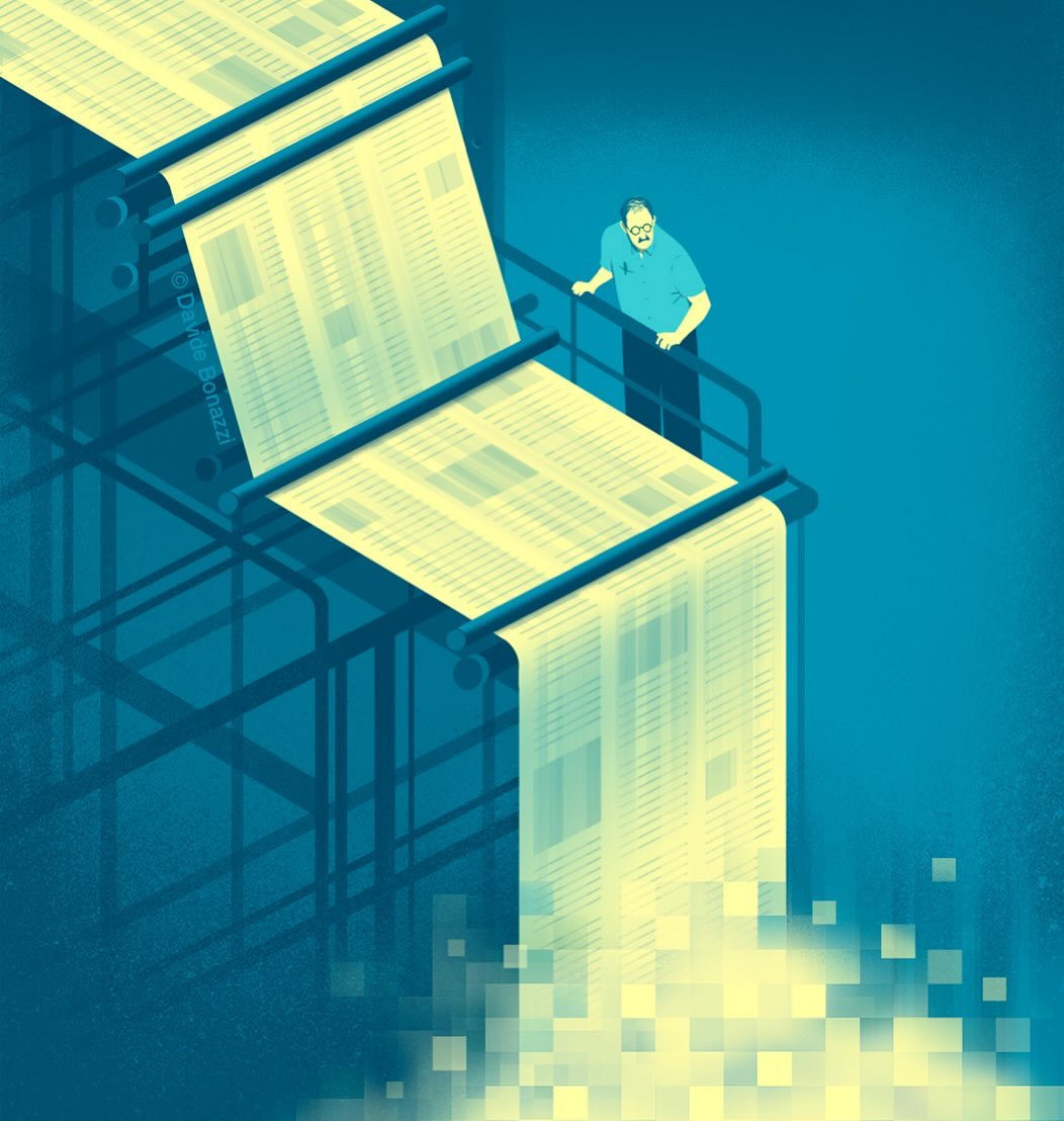 Illustration of a news printing press with an adult man overseeing the digital information flow on a teal blue background.