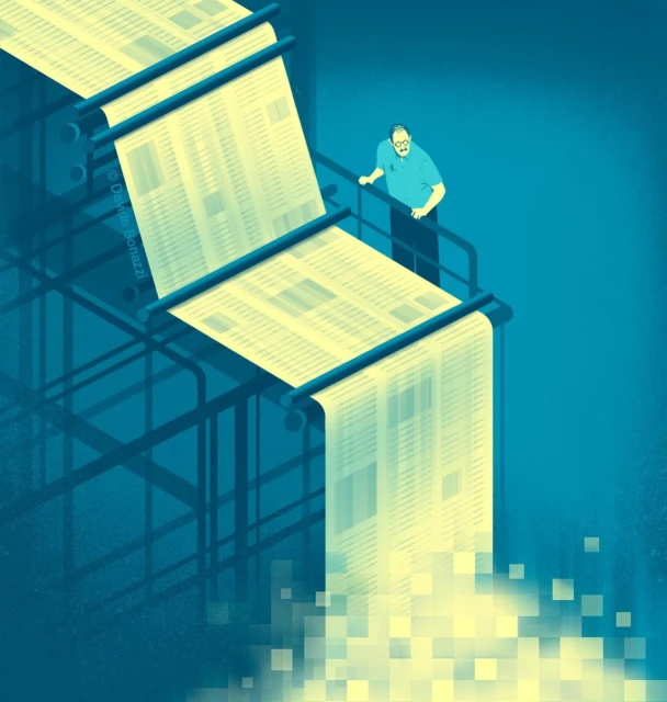 Illustration of a news printing press with an adult man overseeing the digital information flow on a teal blue background.