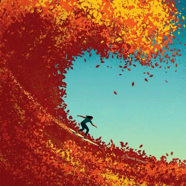 Illustration of a person surfing on a wave of colorful autumn leaves against a blue sky, created by Davide Bonazzi.