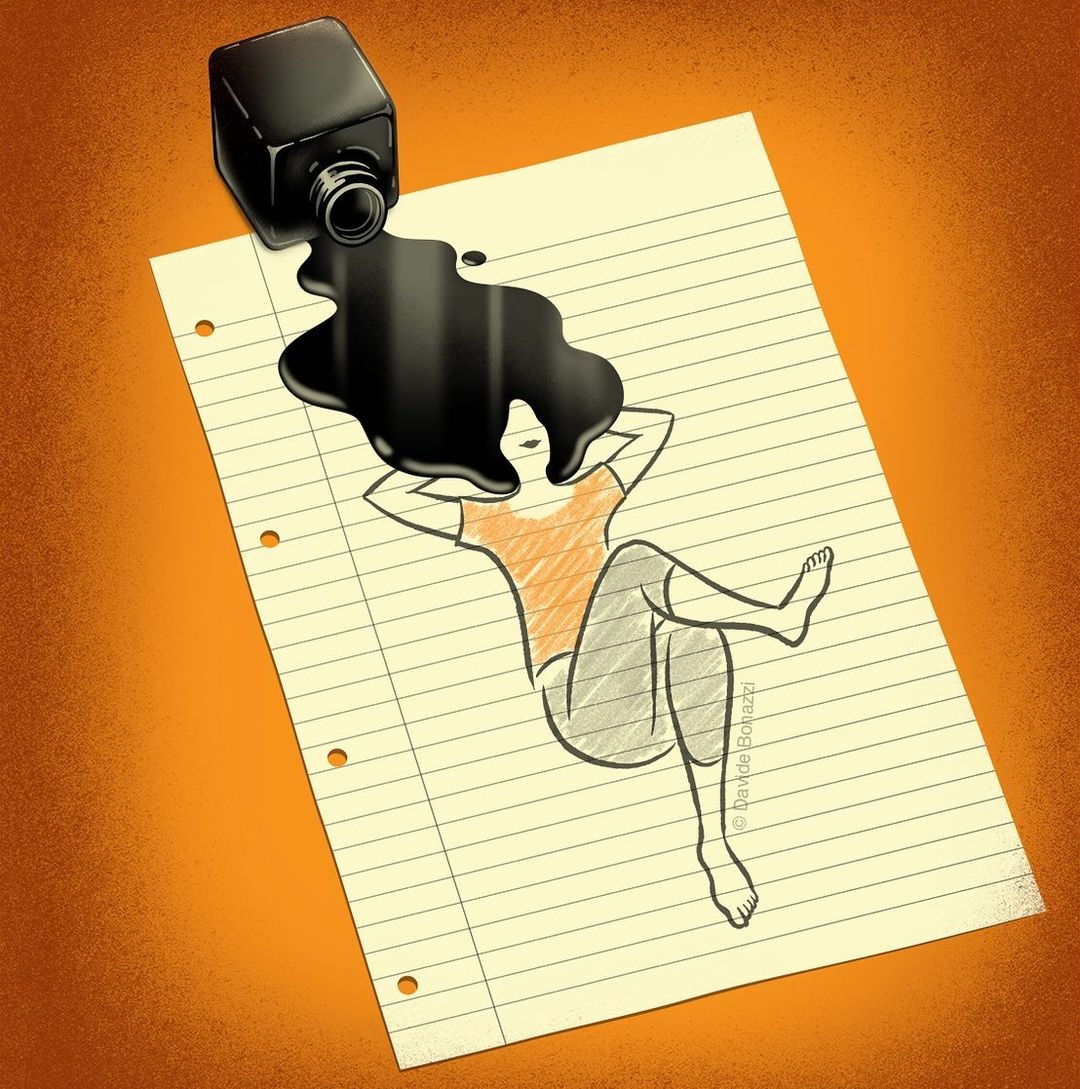 Illustration of a reclining person drawn on lined paper, with black ink spilling from a bottle forming the person's hair and head.