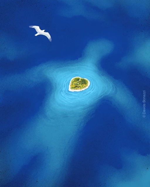 Illustration of a heart-shaped island in a blue ocean with a white seagull flying above, creating a whimsical and serene scene.