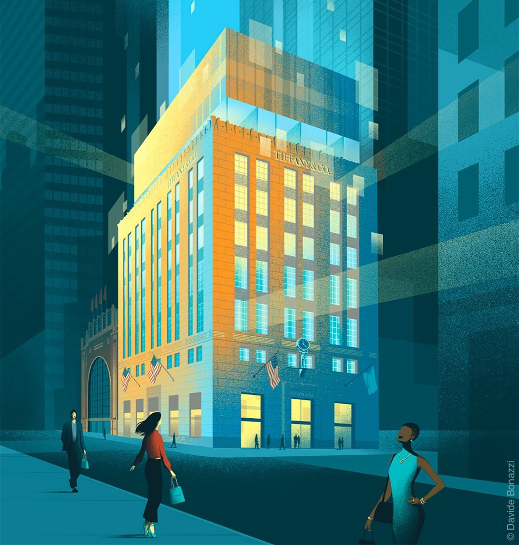 Illustration of Tiffany & Co. building in New York City, featuring pedestrians on the sidewalk and modern architecture, with streetlights.