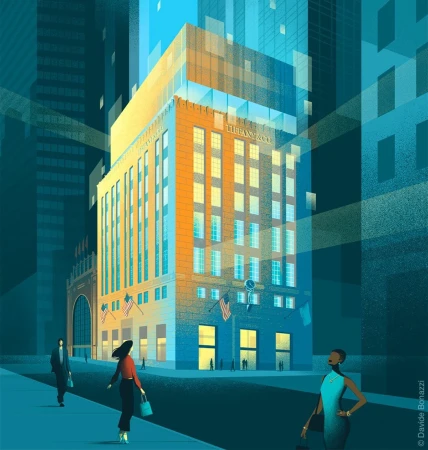 Illustration of Tiffany & Co. building in New York City, featuring pedestrians on the sidewalk and modern architecture, with streetlights.