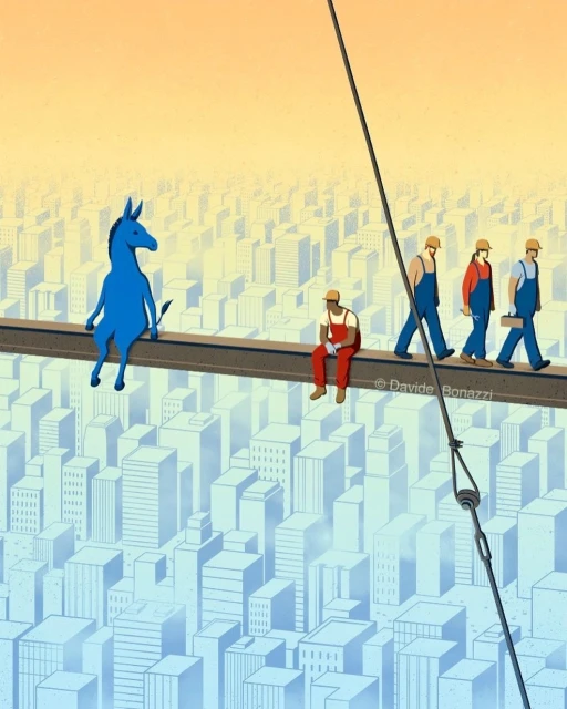 Illustration of construction workers walking on a steel beam with a blue donkey figure sitting, set against a cityscape background.