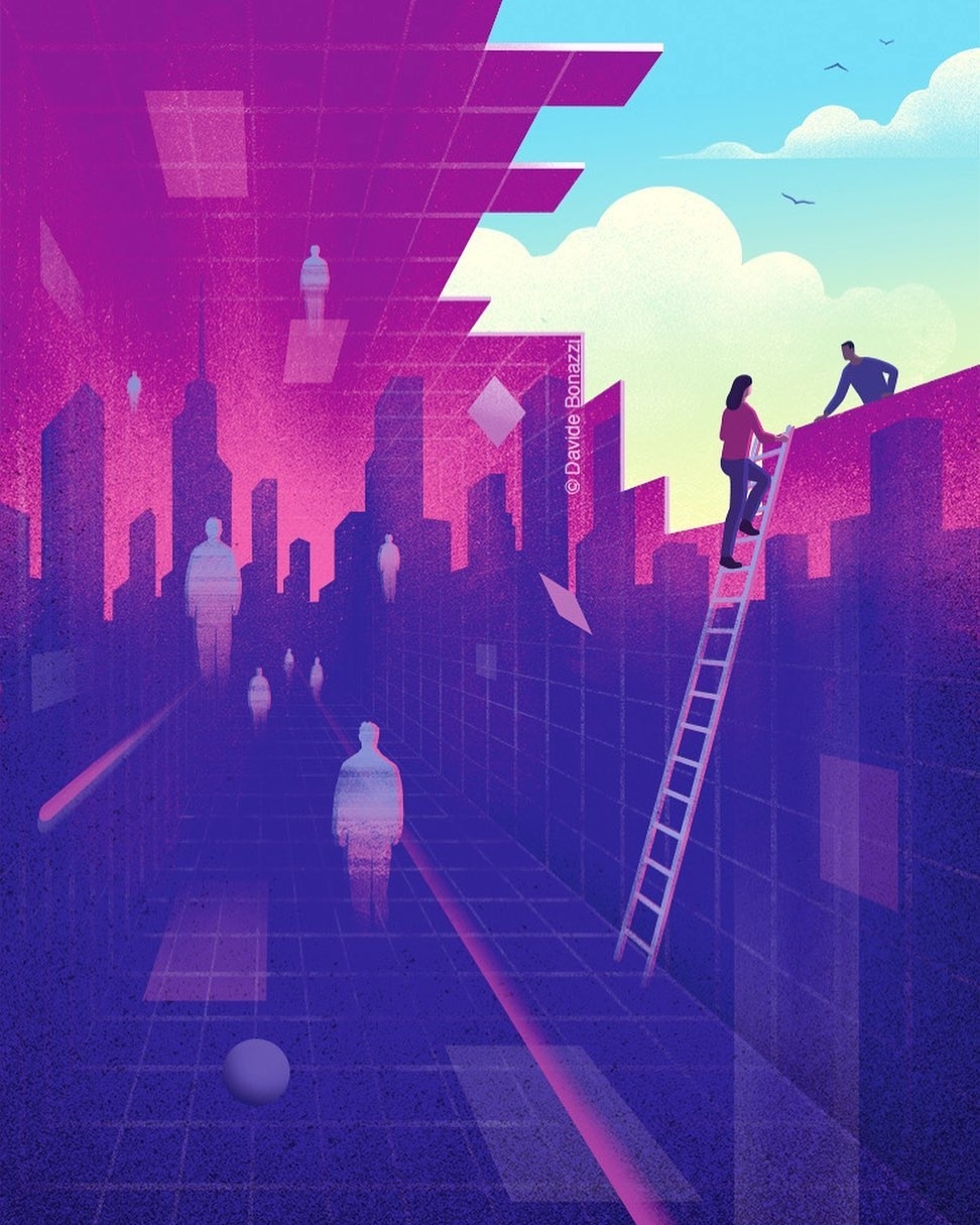 Illustration of people climbing a ladder and walking in a cityscape with bright purple, blue, and white color palette.