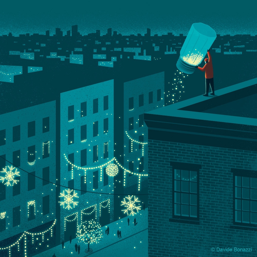 Illustration of a person on a rooftop pouring light from a jar onto a city with buildings, trees, and streetlights at night.