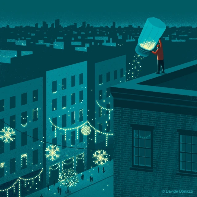 Illustration of a person on a rooftop pouring light from a jar onto a city with buildings, trees, and streetlights at night.