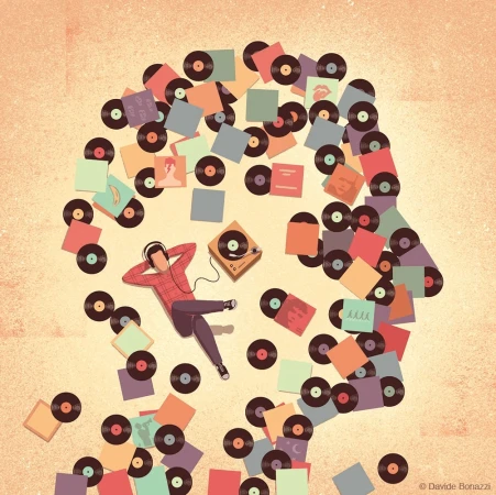 Illustration of a man with headphones lying beside a turntable, surrounded by vinyl records and album covers forming a head shape.
